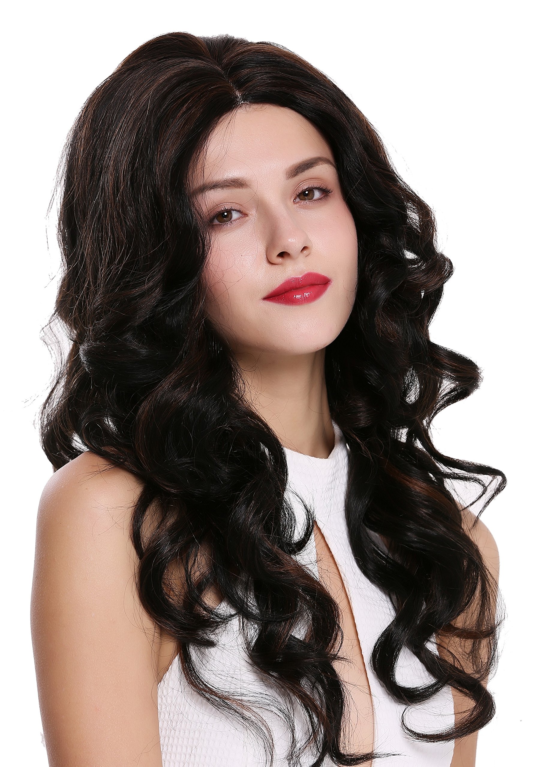 WIG ME UP - DW2606-LF-47-1BH30 Quality women's wig lady lace front partial monofilament long middle parting noble curls highlights black fair copper-brown