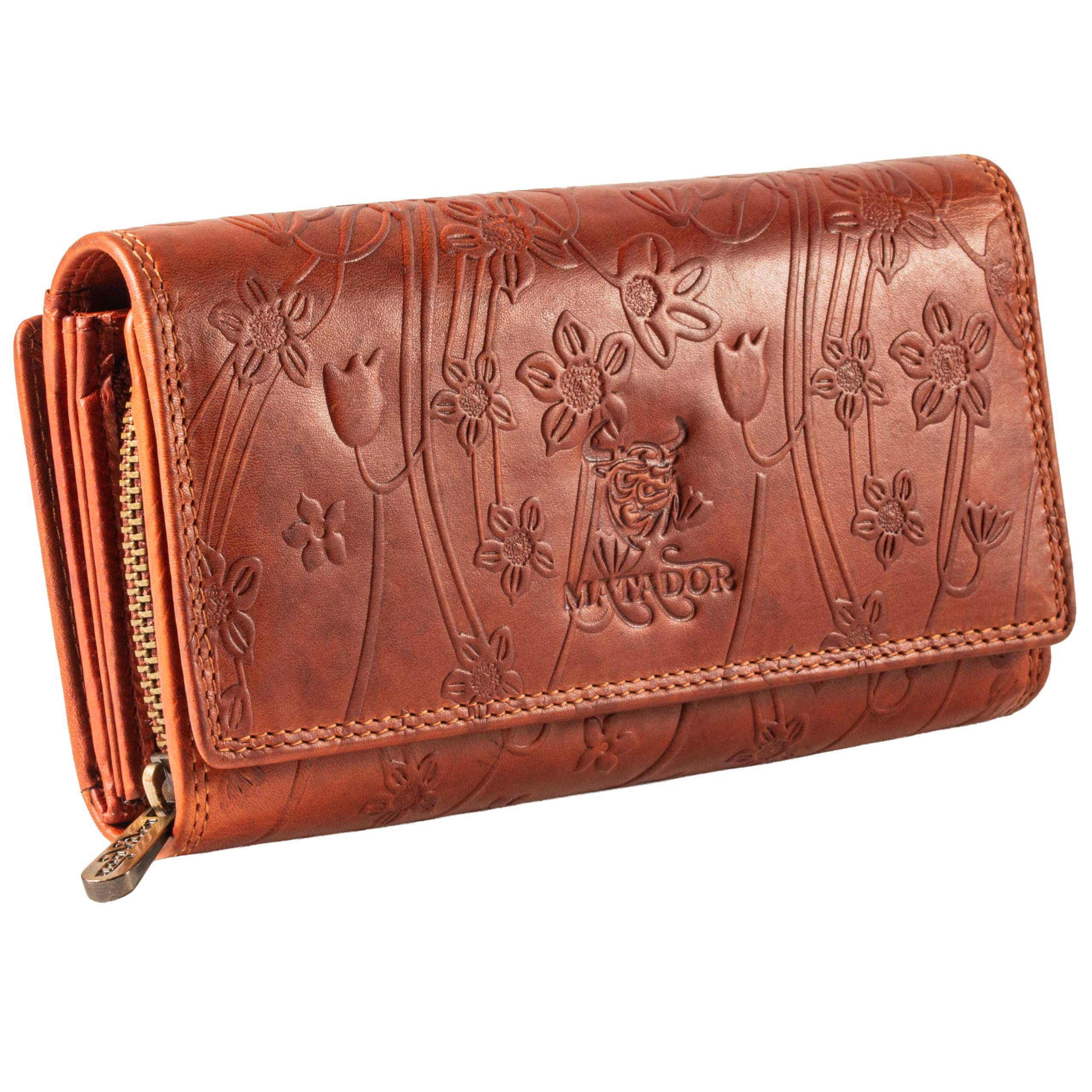 MATADOR Lisbon Women's Leather Wallet with Elegant Gift Box, Elegant Women's Large Wallet with RFID Blocker, Luxury Wallet, Many Card Slots, Brown flowers, L, Classic