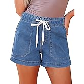 luvamia Jean Shorts for Women High Waisted Pull On Drawstring Elastic Waist Trendy Stretchy Denim Jorts Summer Shorts