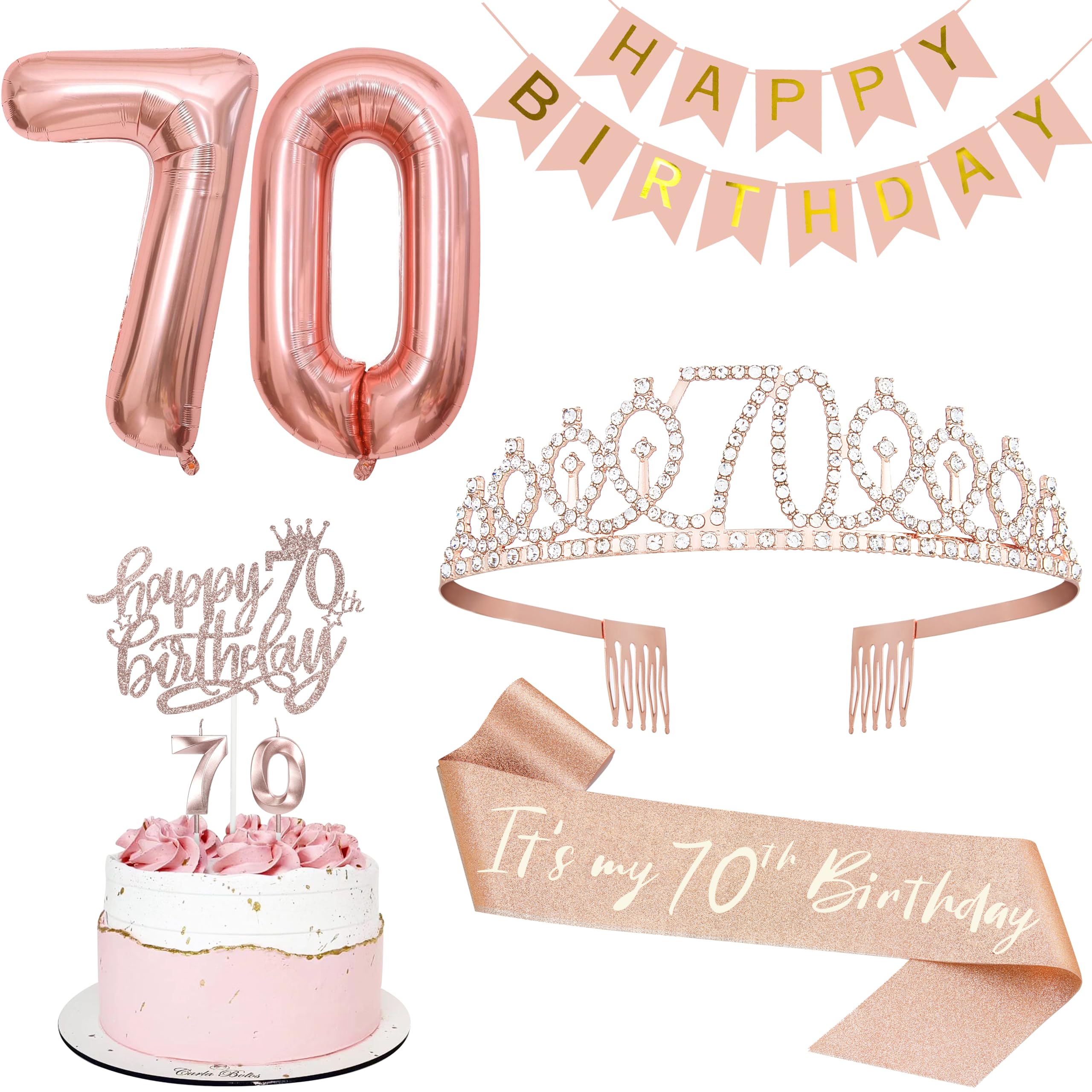 Photo 1 of 70th Birthday Decorations for Women, Including 70th Tiara and Sash, Happy Birthday Banner, Cake Toppers, Number Candles and Balloons Set, Rose Gold