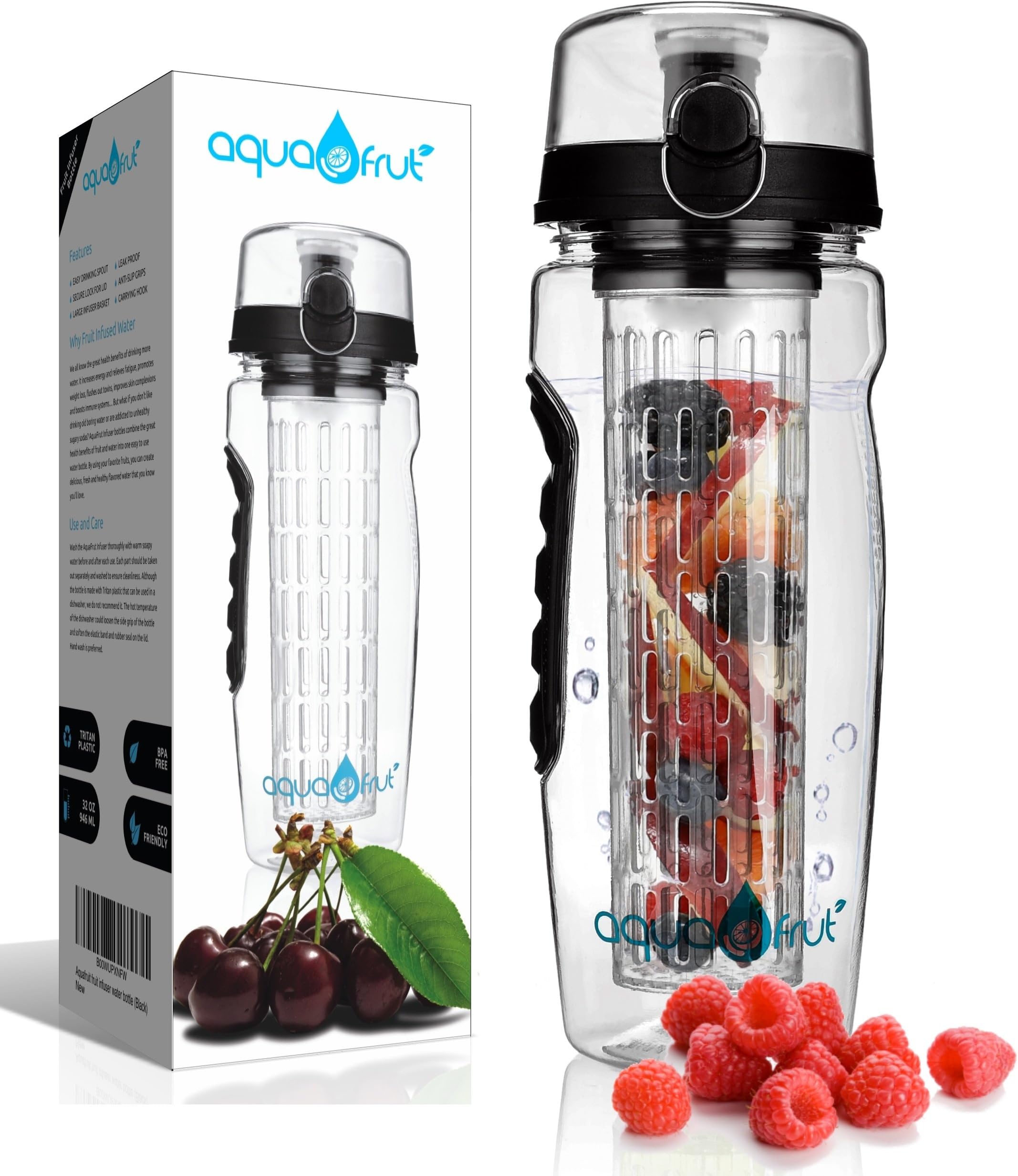 AquaFrut 32 OZ Fruit Infuser Water Bottle (Multiple Colors) BPA-Free Fruit Infusion Sports Bottle - Flip Top Lid w Drinking Spout, Leak Proof, Made of Durable Tritan. Free Recipe eBook!