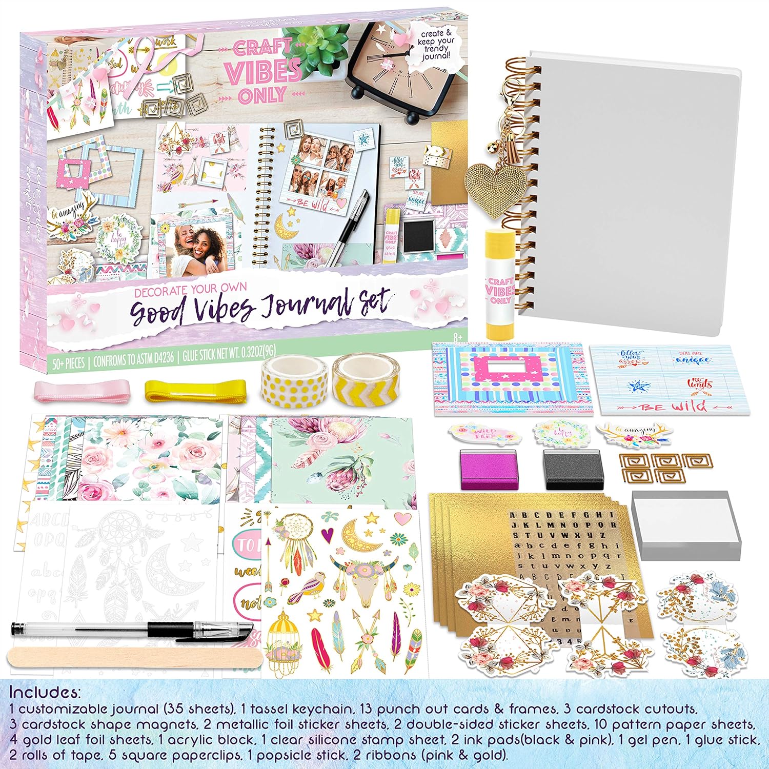 Good Vibes Journal DIY Set by Craft Vibes Only – Personalized Diary - Custom Journals for Girls - Creative Writing Journal Scrapbook Kit - Customize Your Journal Notebook - Pen Included! - Ages 8 & Up: Home & Kitchen