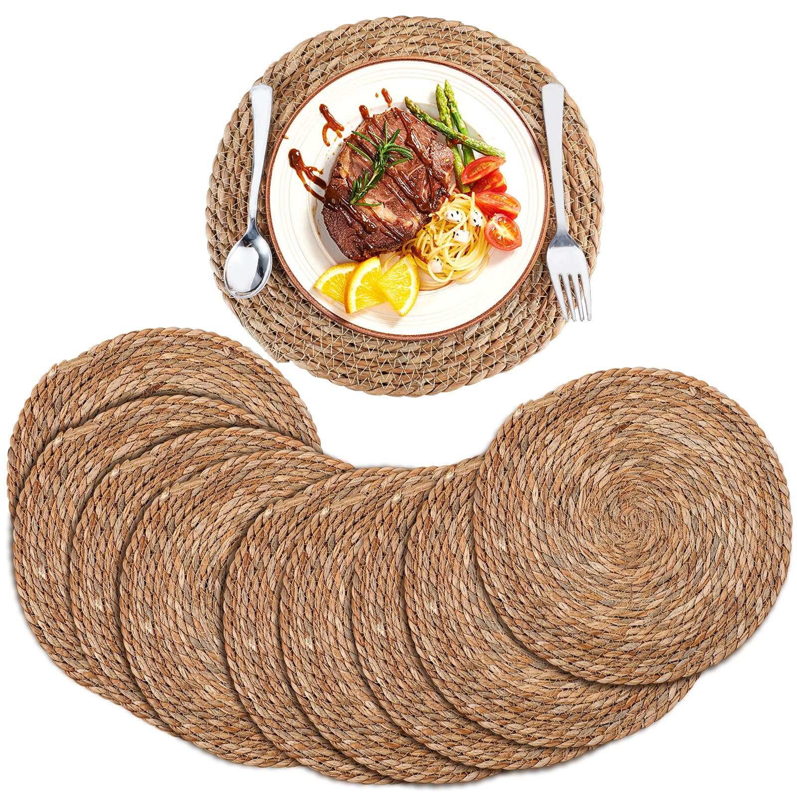 Photo 1 of Round Woven Placemats 10 Pack Rattan Wicker Placemat Boho Natural Braided Table Mats Farmhouse Rustic Weave Place Mats Set Chargers for Dining Table Decor Home Wedding Kitchen Centerpiece 12"