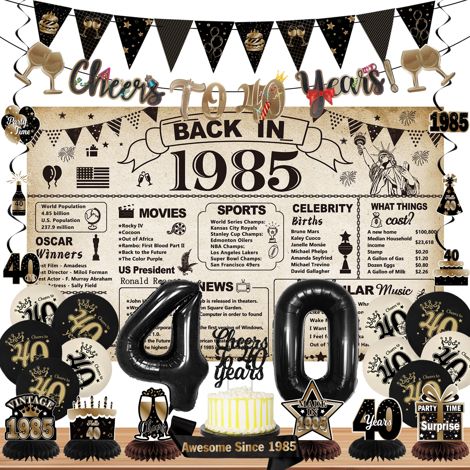 Photo 1 of DARUNAXY 40th Birthday Party Decorations for Men Women, Vintage Back in 1985 Banner, Black 40 Number Balloons & Cake Topper, Vintage 1985 40 Birthday Honeycomb Hanging Swirl Confetti Balloons(28PC)
