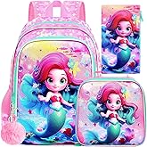 CCJPX 3PCS Mermaid Backpack for Girls, 16”Kids Preschool Bookbag with Lunch Box, Cute Water Resistant Elementary School Bag for Teen Kindergarten Toddler