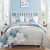 Luxudecor Floral Comforter Set Queen Size, Blue Floral Comforter and Sheet Set, 7 Pieces Bed in a Bag Soft Microfiber Complete Bedding Sets for All Seasons 90"×90"