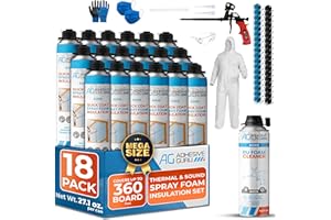 AG ADHESIVE GURU Adhesive Guru Quick Coat Closed Cell Spray Foam Insulation Kit(18x32.8oz-360 Brd Ft)for Wall DIY Expanding Sealant Set, Insulates Heat&Sound, Fills Gaps&Cracks 18xFoam Cans, Cleaner, Gun &Safety Gear