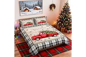 MANFEI Kids Christmas Truck Duvet Cover Set King Size,Rustic Wooden Plank Snowflake Bedding Set,Girls Boys Adults Room/Xmas Cabin Decor,Geometric Grids Comforter Cover,Holiday Quilt Cover,3pcs,2 pillowcases