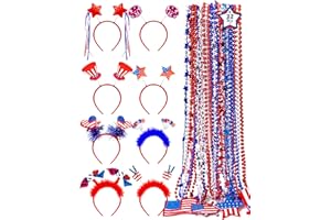 BLOWATA 32PCS Fourth of July Accessories 4th of July Headband and Bead Necklace, Felt Patriotic Head Boppers, Independence Day Parade, USA Necklaces, Celebration Decoration, Red White and Blue Headband