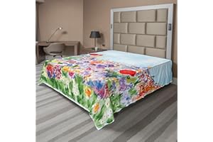 Ambesonne Watercolor Flower Flat Top Sheet Floral Summer Garden Grass and Blooms Love Illustration Print Soft Comfortable and Decorative Bedding for Guestrooms and Bedrooms 1 Piece King Size Red Green