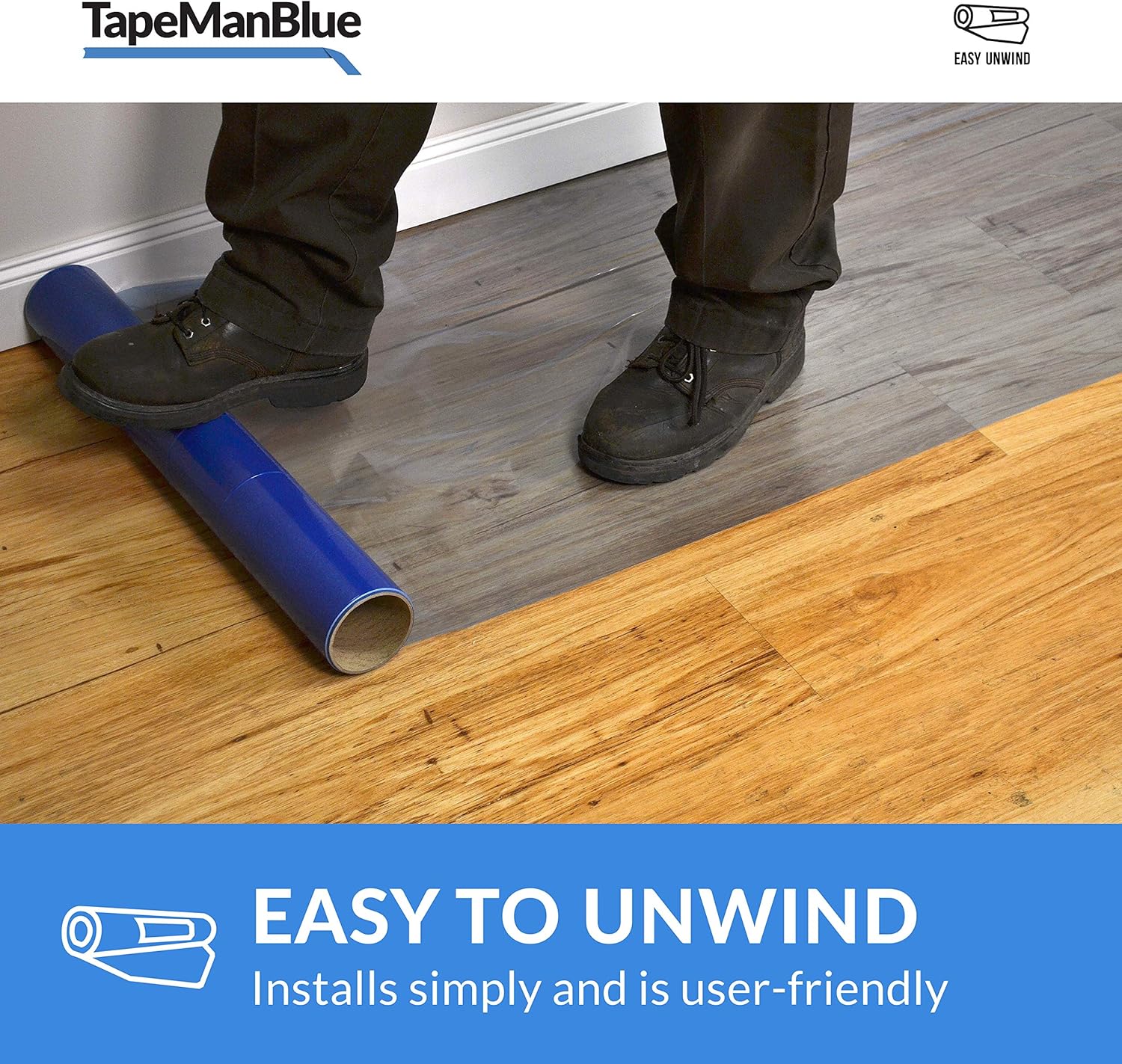 Floor Protection Film 36" x 200' Roll. Made in The USA. Easy Unwind, Clean Removal, Durable Surface Protection. Blue, Self Adhesive Protective Floor Tape for Hardwood Floors, Tile & Hard Surfaces. - - 