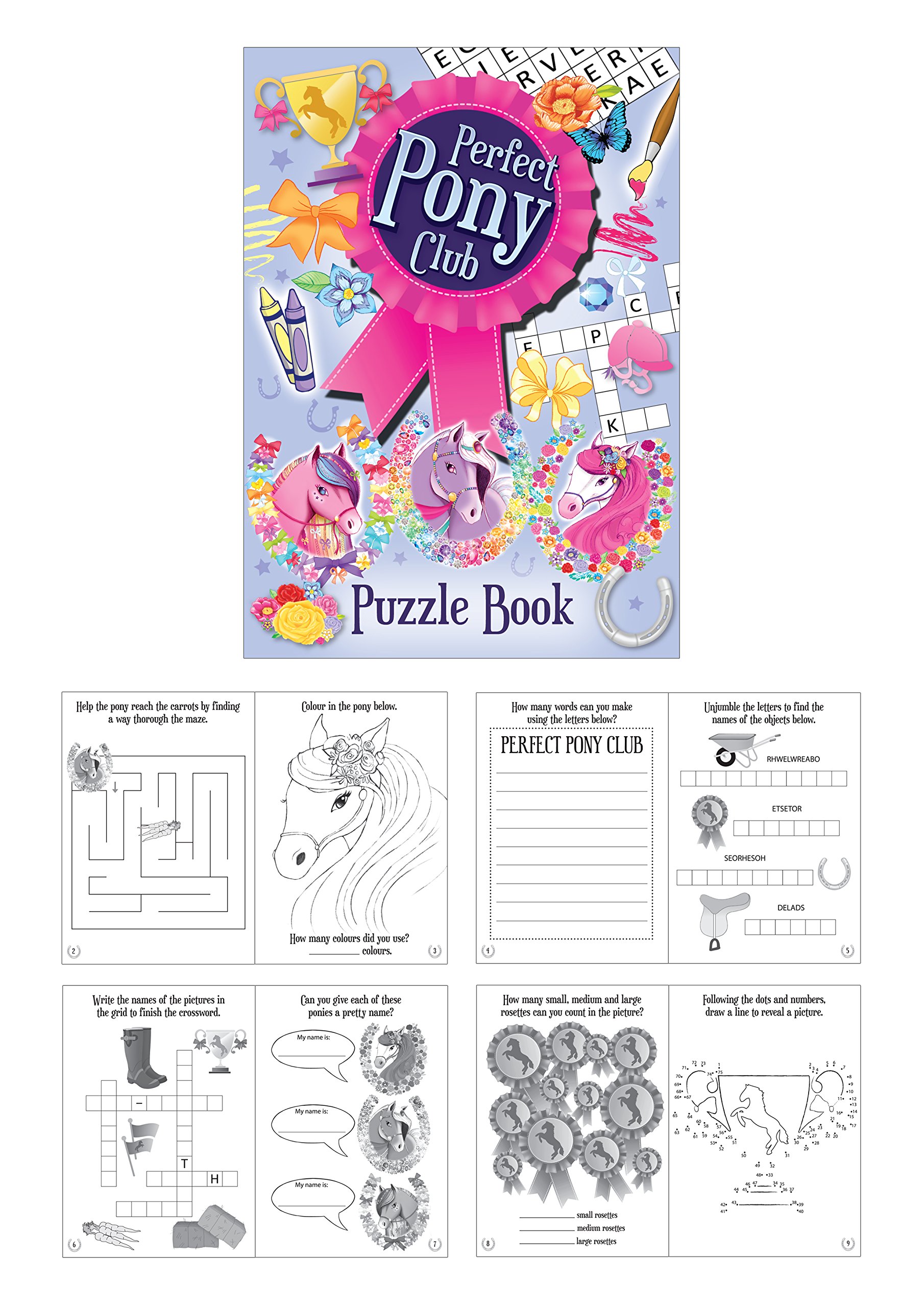 Henbrandt 12x Mini Pony Ponies Puzzle Book Kids A6 Activity Book Colouring Wordsearch Fun Party Bag Girls and Boys Colouring Books