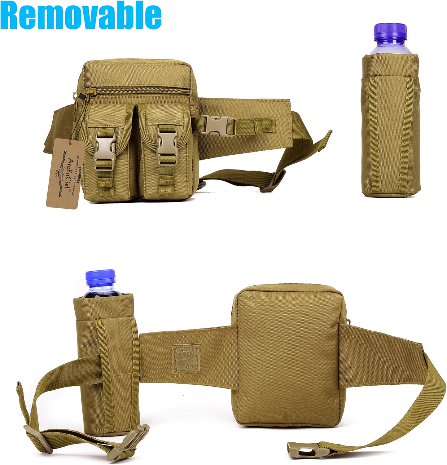 ArcEnCiel Tactical Waist Bag Waterproof Bum Bag Military Waist Utility Belt Water Bottle Pouch Pack for Trekking Hiking Walking Bike Cycling Climbing (Black) : Sports & Outdoors