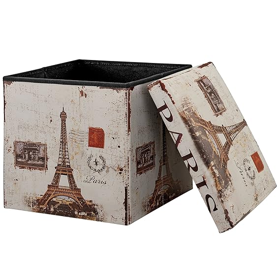 [en.casa] Faltbarer Sitzhocker (38 x 38 x 38 cm) zugleich Aufbewahrungsbox - Motiv Paris