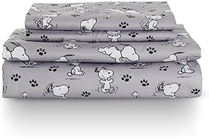 Berkshire Blanket Peanuts® Kids Sheet Set, Full Size - 4 Pieces, Peanuts® Mini Poses and Paws Grey, Cute Character Snoopy Printed Soft Microfiber Bed Sheets