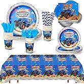 Buryeah 176 Pcs Truck Party Supplies Tableware Set, Include Truck Tablecloth Party Tables Cover Truck Paper Plates Napkins Cups Straw Fork Knife for Trucks Disposable Birthday Decorations(Cute)