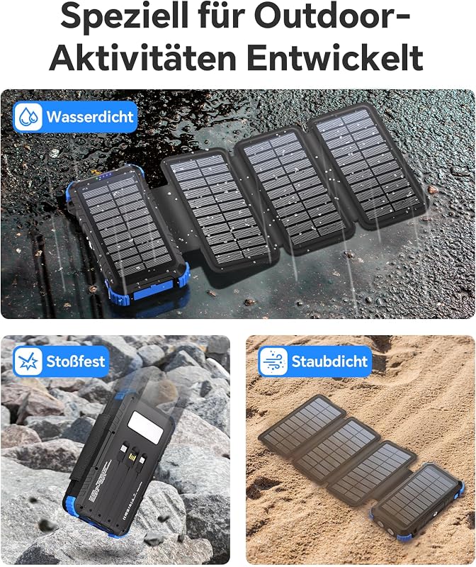 Solar Powerbank 20000mAh mit 4 Solarpanel, Powerbank mit 3 Kabeln — Foto 5 von 8