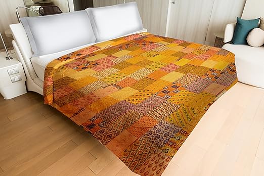 Yellow Color Handmade Silk Patchwork Kantha Quilt Bedspread Bedding Bed Cover Coverlet Double Bed Cover/Quilt Gudri (220 cm x 270 cm) by Handicraft-Palace