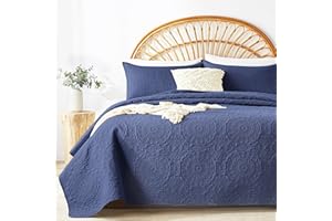 WURUIBO Navy Blue Quilt Set Full/Queen Size, Embossing Microfiber Bedspreads with Pillow Sham, Lightweight Breathable Thin Coverlet, Reversible Bedding Set for All Season (1 Quilt, 2 Shams)