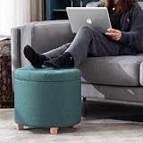 HNNHOME 45cm Round Linen Ottomans Storage Stool Footstool Light Green view 5