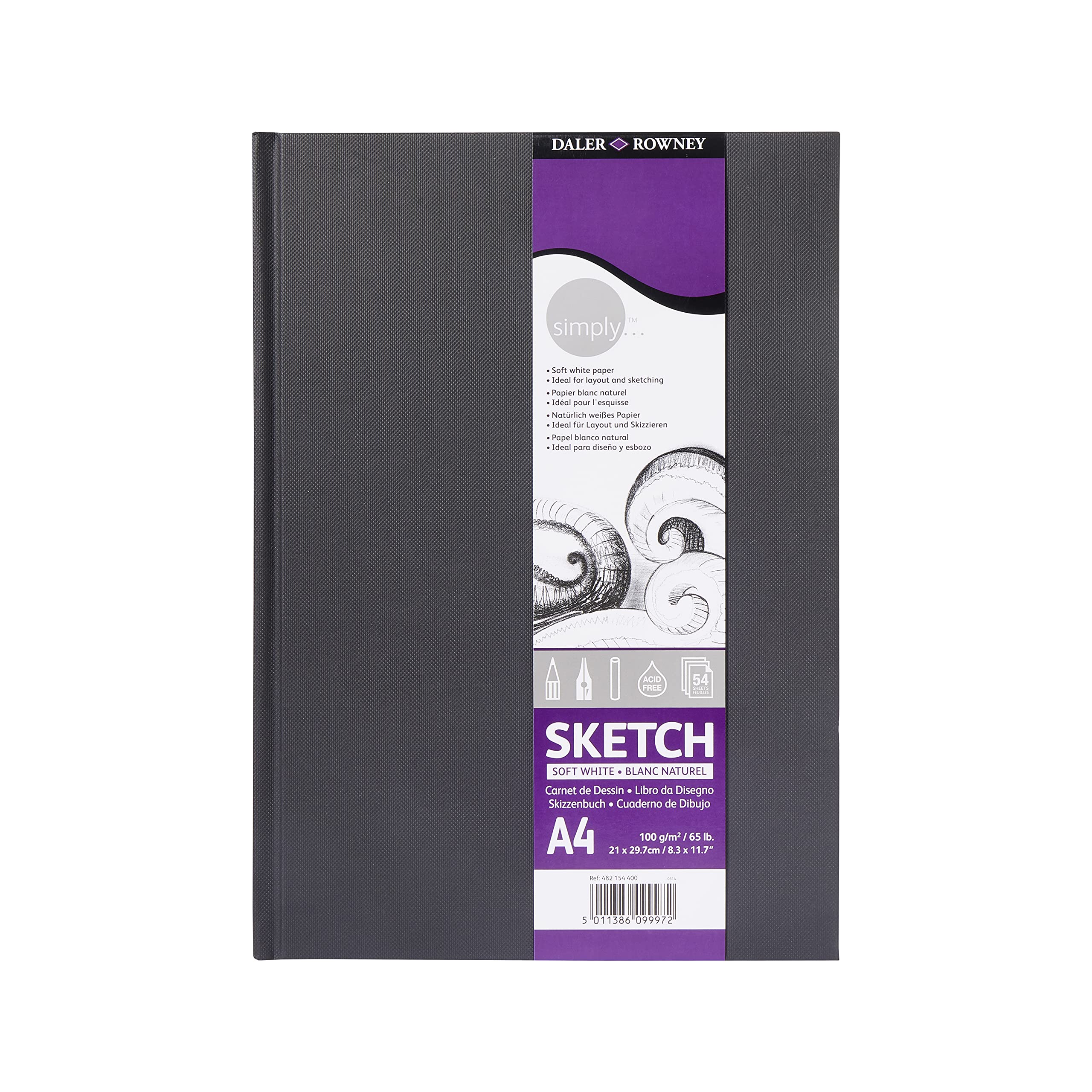 Daler-Rowney Simply Medium Grain 100gsm A4 Hardback Sketchbook, 54 Soft White Sheets, Ideal for Entry-Level Artists & Hobbyists