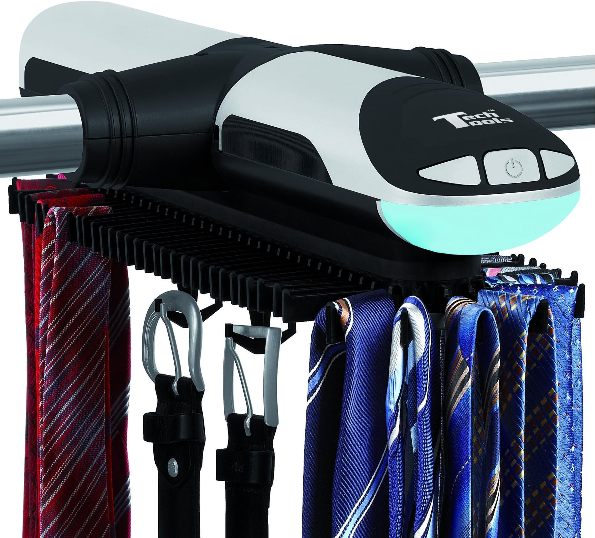 Tech Tools Automatic Revolving Tie and Belt Rack with Bottom Hooks and Built-in LED Light