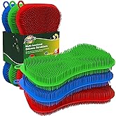 6 Pack Silicone Scrubbing Sponge by SCRUBIT - Real Silicon Non Scratch &amp; Non Smell Kitchen Scrubber Pad for Dishes, Fruit, Vegetable - Reusable Cleaning Sponges - Multi-Colored Pads [Red, Green, Blue]