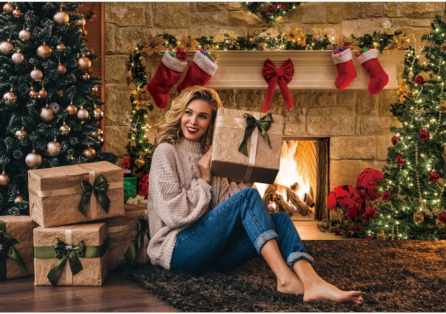 8x6ft Soft Wrinkle Free Fabric Christmas Fireplace Theme Backdrop for Photography Tree Sock Gift Decorations for Xmas Party Supplies Photo Background Pictures Banner Studio Decor Booth Props - Image 3