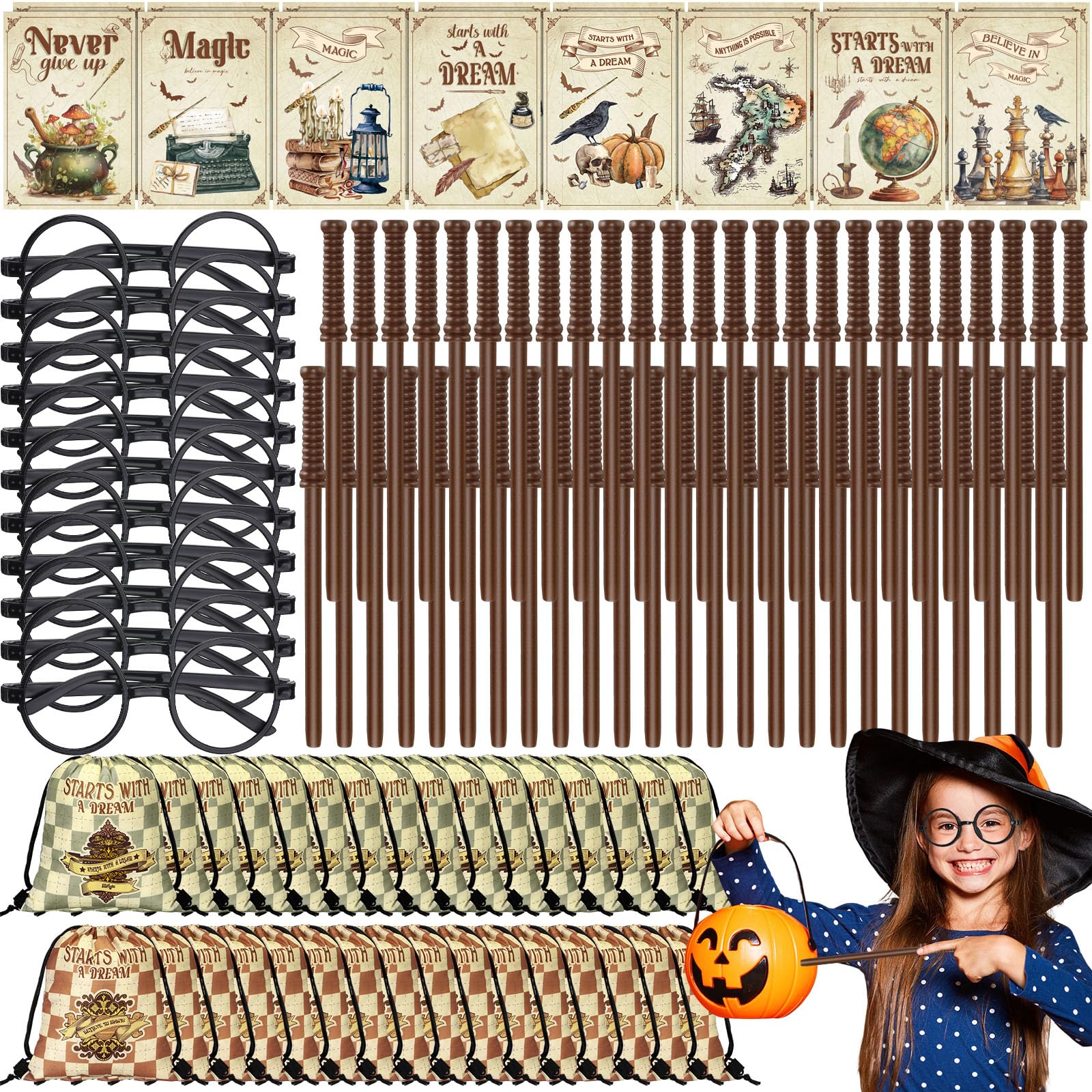 Photo 1 of Yexiya 128 Pcs Wizard Wand Bulk Halloween Party Favors Birthday Cosplay Decorations Wizard Wands Mini Notepads Pencils Goodie Bags Round Glasses Classroom Rewards School Gifts Set for Kids