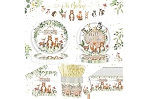 REJOICE BUNNY 122PCS Woodland Baby Shower Party Supplies for Boys Girls Safari Jungle Wild Animal Party Decorations Nature Sage Plates Napkin Cups Forks Knives Banner Tablecloth Tableware Set for 20 Guests