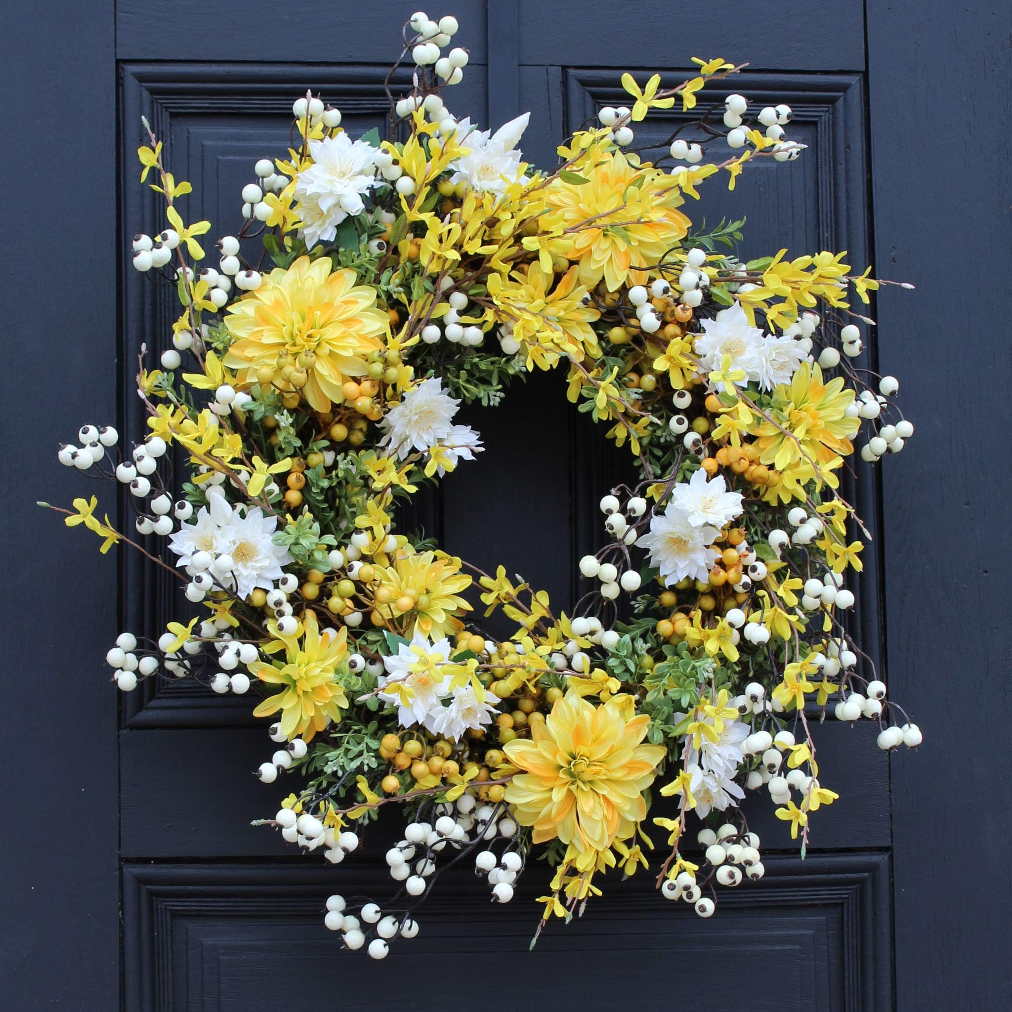 Wild Yellow Forsythia, Cream Dahlia & Berry Spring Summer Front Door Wreath 30"