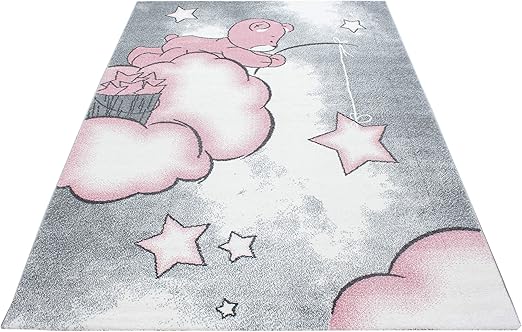 Simpex Tapis Pour Enfant Motif Ourson Avec Nuage étoilé Pour Chambre Denfant Chambre De Bébé Tapis Rectangulaire Rond Gris Rose Blanc Rose