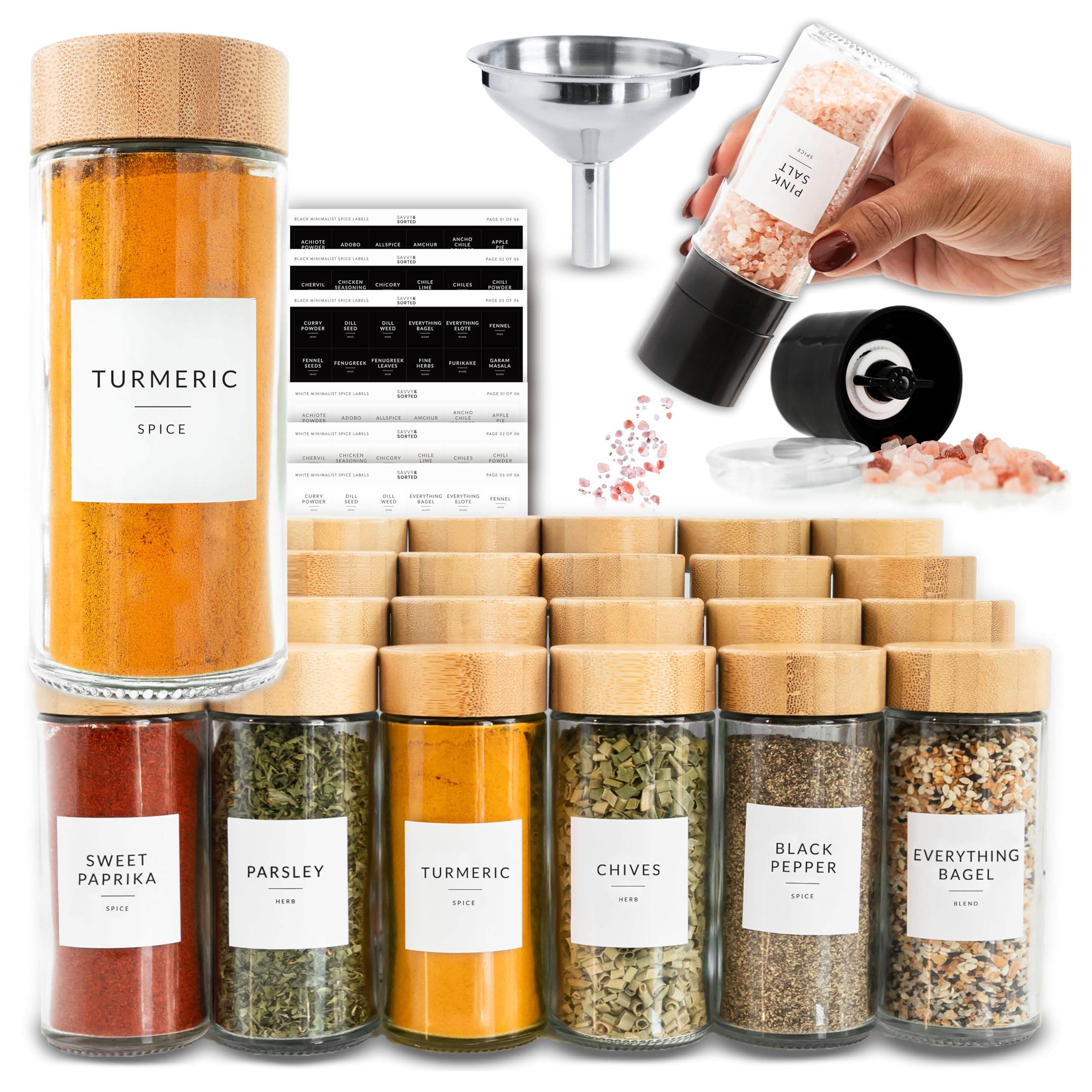 Photo 1 of SAVVY & SORTED Glass Spice Jars with Label, 24PK Round Bamboo Jar Spices Set 4oz, 374 Spice Labels, Pepper Grinder, Empty Herb Seasoning Containers, Funnel and Shaker Lids