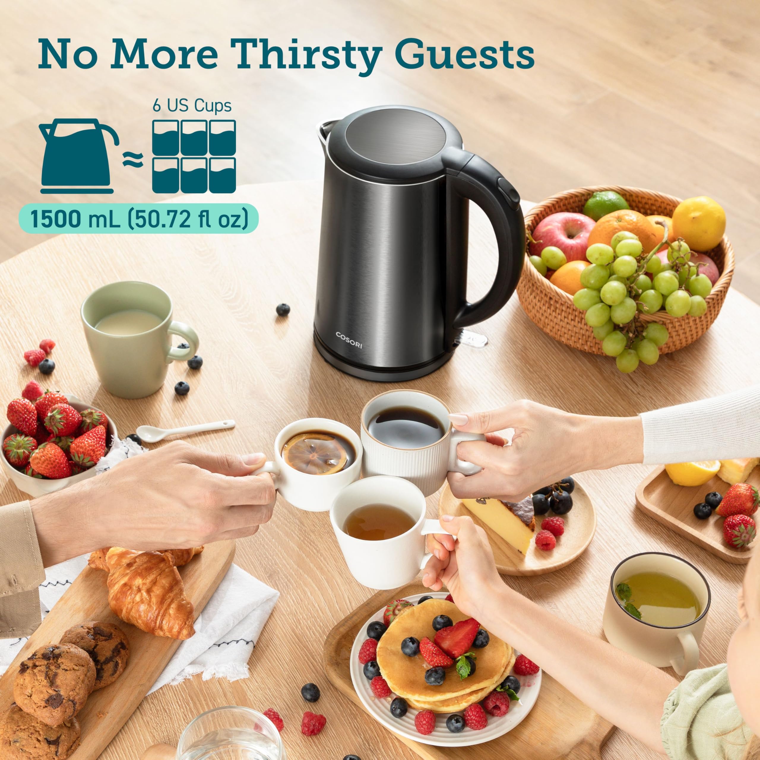 COSORI Electric Kettle, Cool-Touch Double Wall Stainless Steel Insulated, Automatic Shut Off & Boil-Dry Protection, Durable Tea Kettle Boiler & Heater, 1.5L/1500W, Black - Image 6