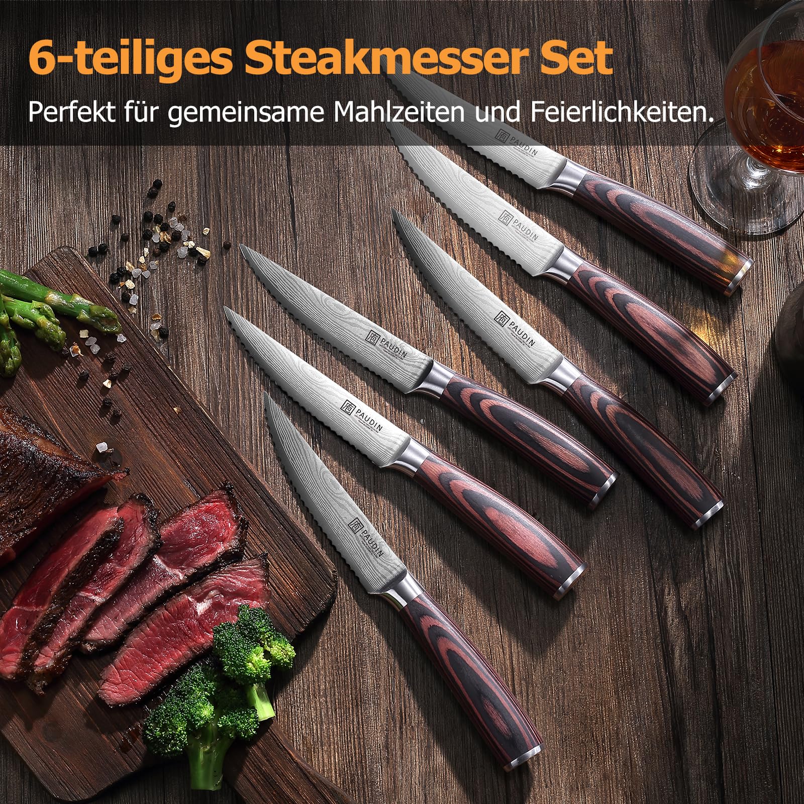 PAUDIN Steakmesser 6-teiliges Set, hochwertiger deutscher Edelstahl Steak Messer, ultrascharfe gezackte Klinge und ergonomischer Holzgriff, Tafelmesser mit Geschenkbox 6
