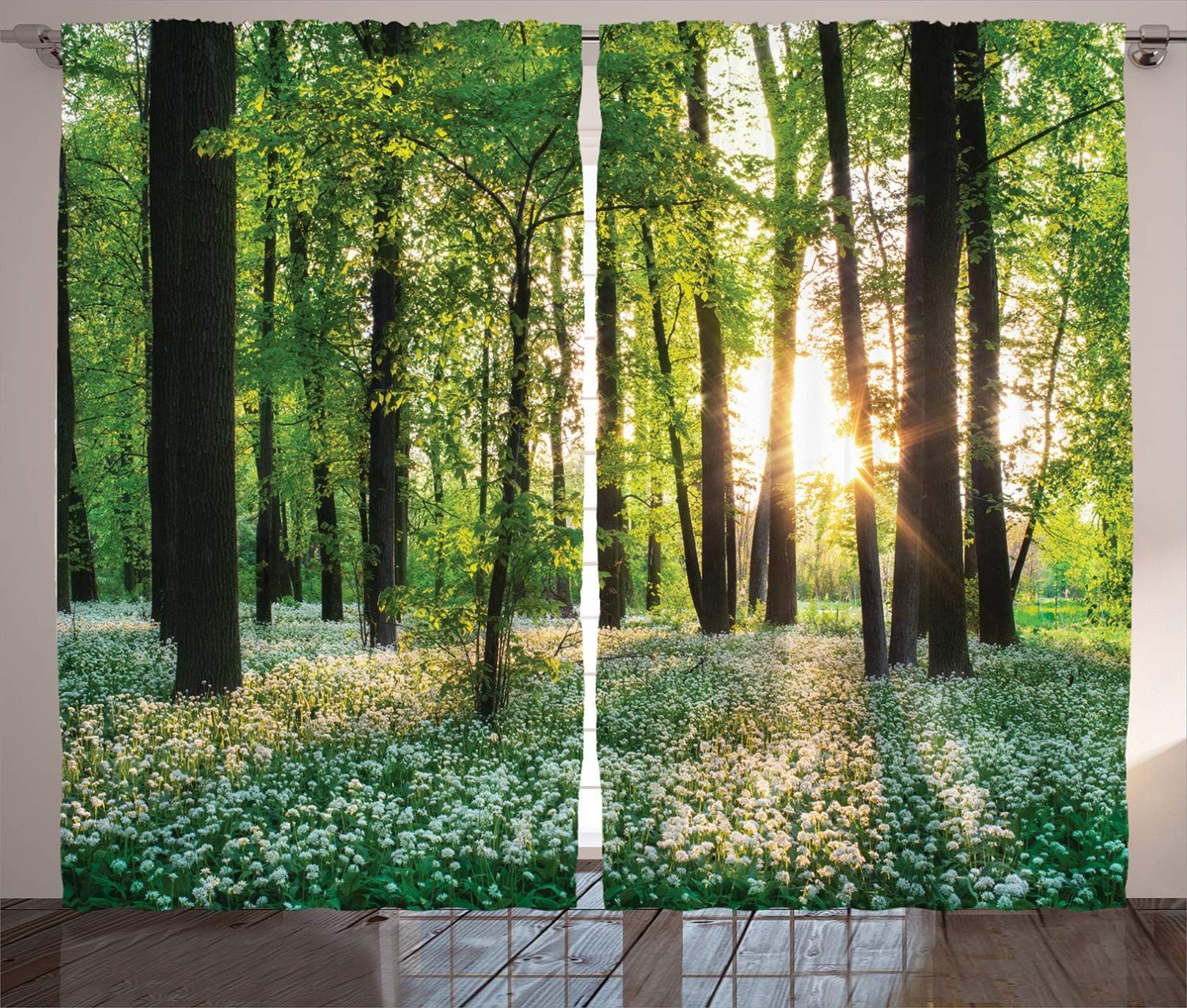 Ambesonne Forest Curtains, Sunny Forest with Wild Garlic Enchanting Wildflowers Blossoms Landscape Scenery, Living Room Bedroom Window Drapes 2 Panel Set, 108" X 84", Green Yellow