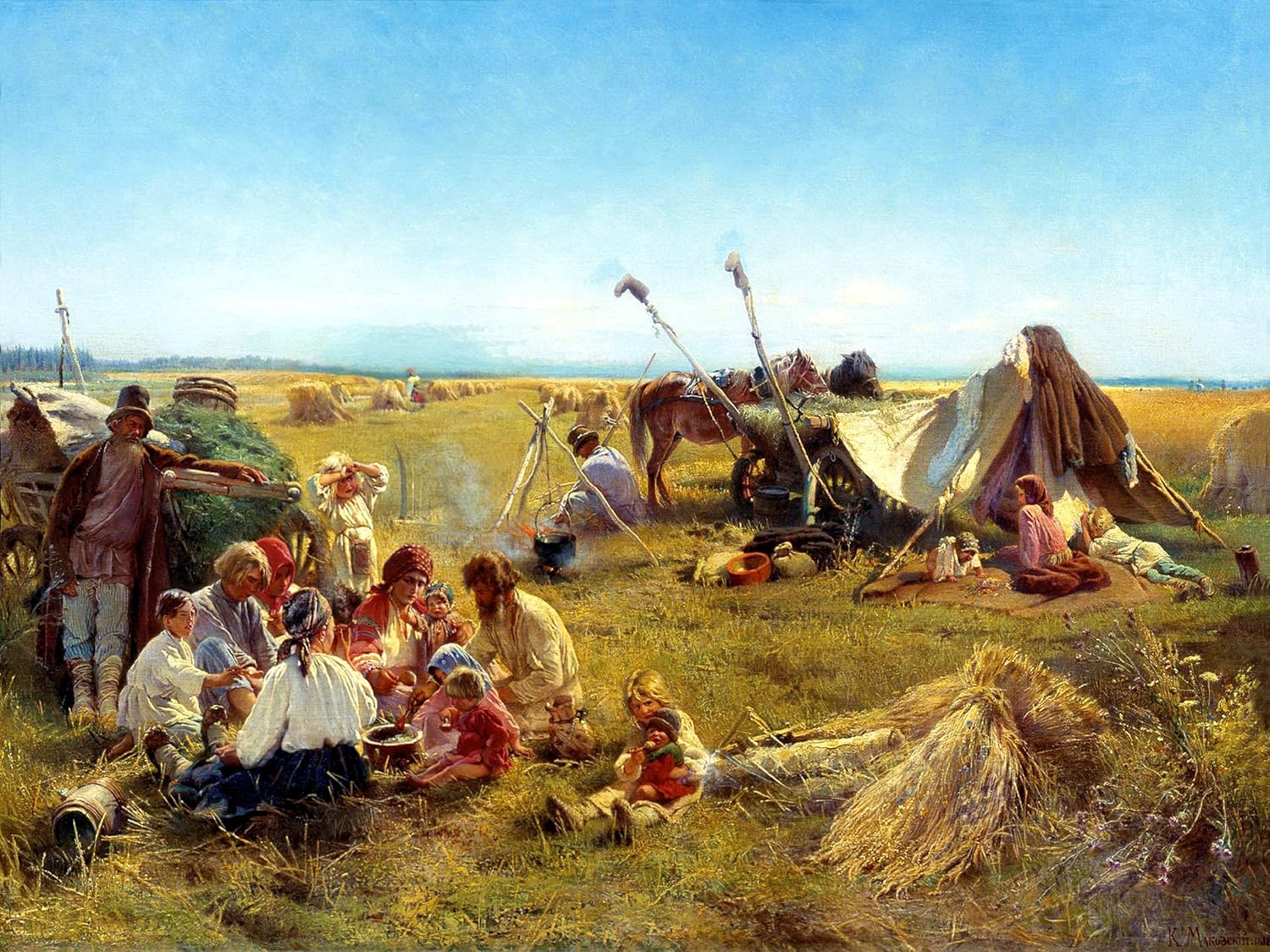 Lunch in Field of Wheat K. Makovsky Tile Mural Kitchen Backsplash Marble Ceramic