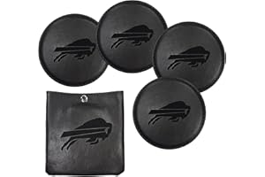 RICO INDUSTRIES Buffalo Bills NFL Set of 4 Laser-Engraved Vegan Leather Beverage Coasters with Storage Pouch - Ideal Birthday for Die Hard Football Fan- Decorate Home, Man Cave, Office, Dorm - Black