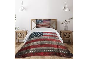 Ambesonne American Flag Coverlet, Royalty Flag Themed US Backdrop on Damaged Board Plate Design Artwork, 2 Piece Decorative Hotel Luxury Quilted Bedspread Set with 1 Pillow Sham, Twin Size, Red Grey