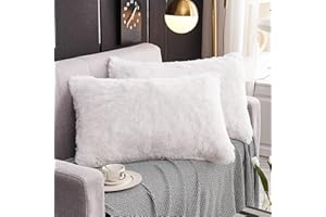 WERDIM Shaggy Fluffy Faux Fur Pillowcases 2 Pack Button Closure Velvet Pillow Shams Standard/Queen Size (White, 20 X 26 Inches)