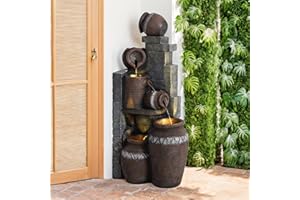MAGIC UNION Outdoor Water Fountain Cascading Bowls and Stacked Stones LED 6 Tiers Modern Waterfall Fountain for for Gardens, Landscaping, Patios, Balconies, and Lawns (Gray)