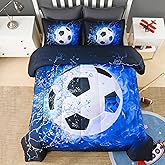 Andency Soccer Comforter Twin(66x90 Inch), 2 Pieces(1 Soccer Comforter, 1 Pillowcase) Blue Flame Soccer Comforter Set Sport Microfiber Bedding Set for Boy Girl Kids, Teen