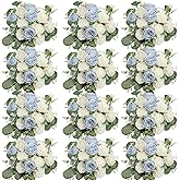 Nagobi Peonies Artificial Flowers Bulk, 12 Bundles Fake Silk Peonies Faux Eucalyptus Bouquet Realistic Peony Floral Arrangement for Wedding Table Centerpiece Vase Decor (Dusty Blue & White)