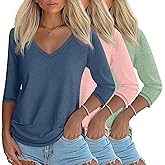 Ficerd 3 Pack Women's 3/4 Length Sleeve T Shirts, V Neck Tops Loose Fit Blouses Casual Tees 2026 Fashion Clothes
