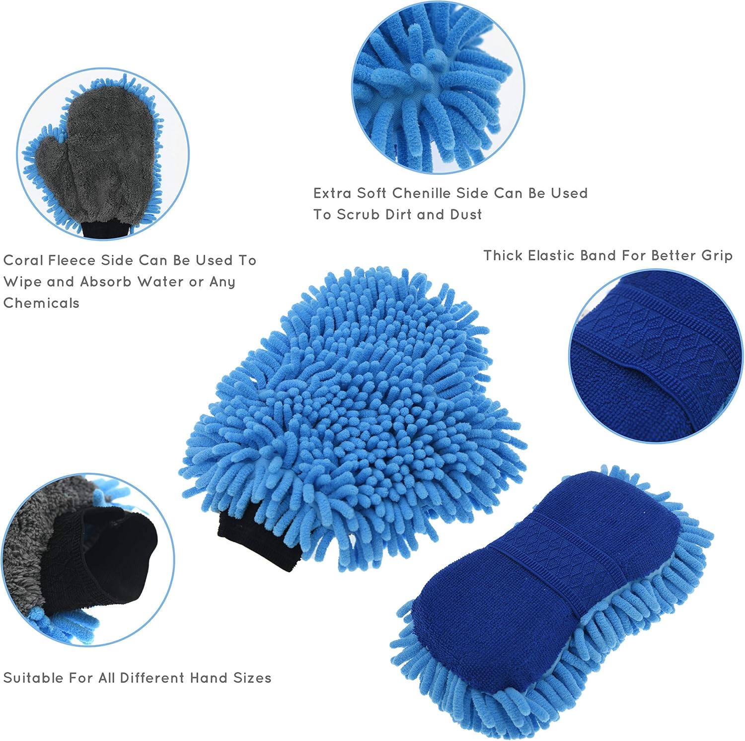 TeKX Premium Large Microfiber Chenille Car Wash Mitt and Car Wash Sponge Set (2 Pack), Washer Friendly, Soft and Scratch Free, Thumb Space Double Sided Mitt, Double Sided Sponge with Grip Band: Automotive
