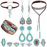 Florideco Western Bohemian Jewelry Set for Women - Turquoise Faux Leather Cuff Bracelet, Pendant Choker Necklace, Hoop Dangle Earrings, and Joint Knuckle Rings