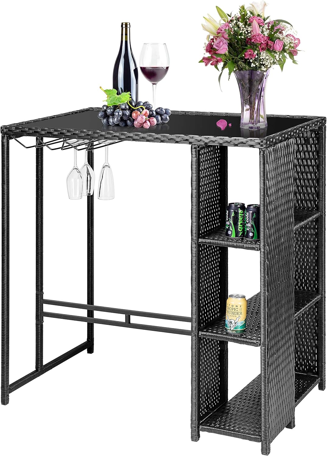 VIVOHOME Outdoor Patio Wicker Bar Table Rattan Counter Furniture with 3 Goblet Holders and 3 Storage Shelves for Lawn Garden Backyard Black: Kitchen & Dining