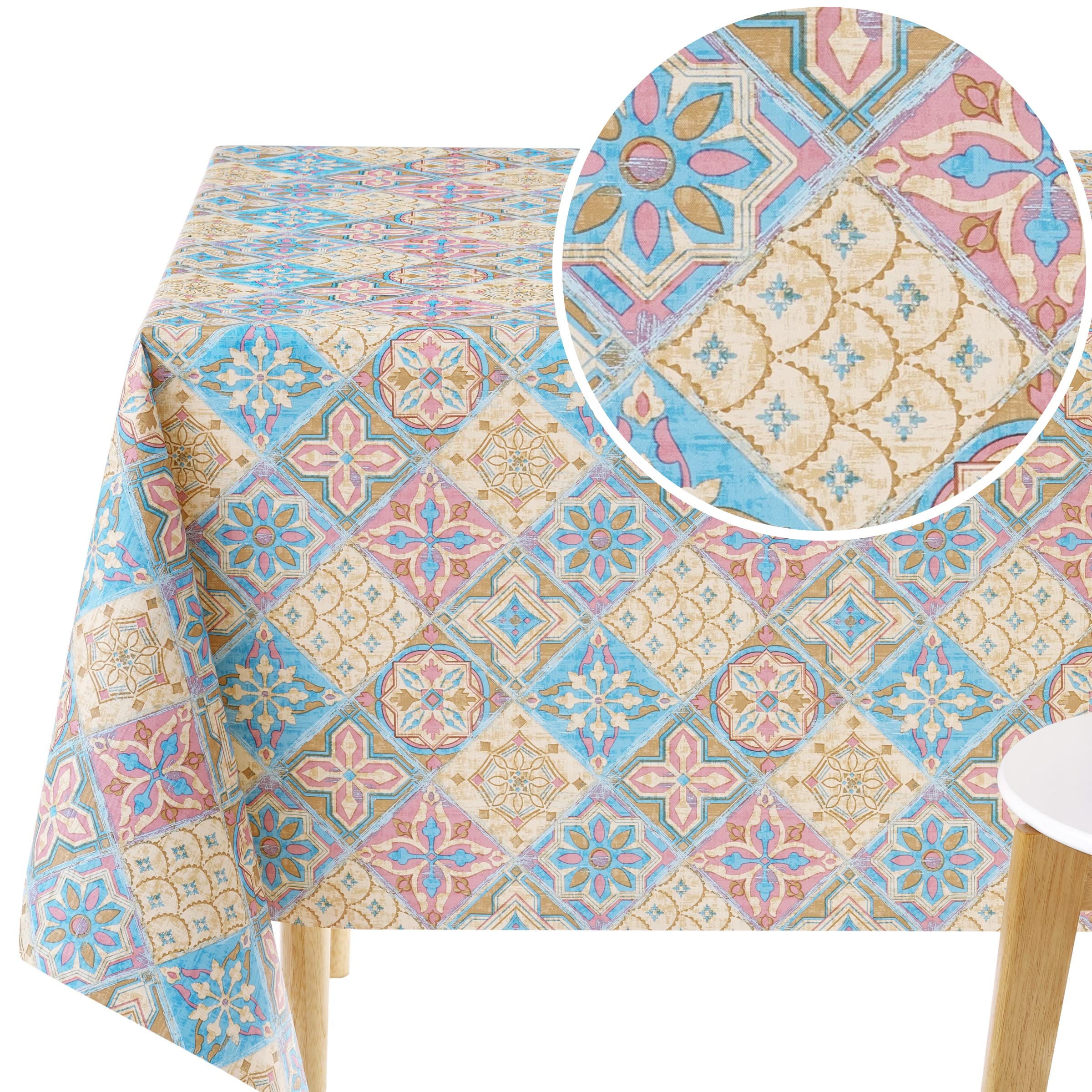 KP HOME PVC Table Cloth Wipe Clean Lisbon Tiles Pattern Vinyl Tablecloth Pink Beige Blue Rectangular 200 x 140 Portuguese Azulejo Table Cover 6 Seat - 78x55