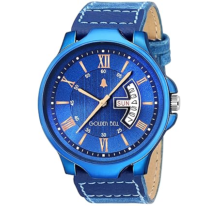 Golden Bell Original Day and Date Display Blue Dial Blue Leather Strap Mens Watch - GB-1279