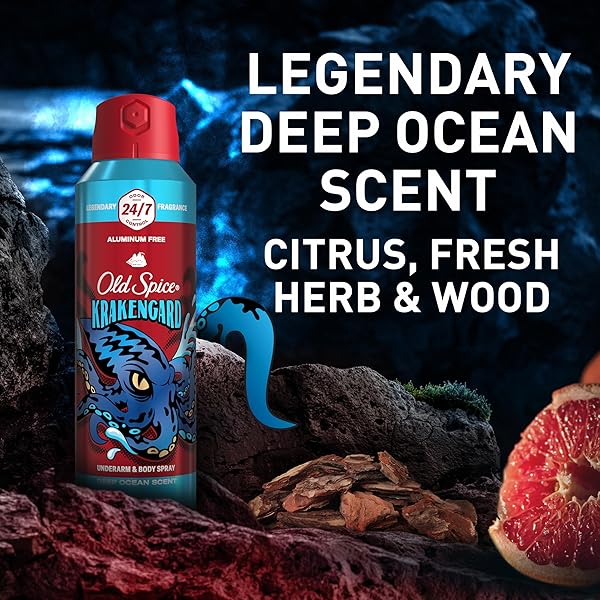 OLD SPICE ALUMINUM FREE BODY SPRAY FOR MEN, 24/7 ODOR PROTECTION, 24/7 LASTING FRAGNANCE & FRESHNESS, COLOGNE QUALITY SCENT, KRAKENGARD WITH DEEP OCEAN SCENT, 5.1 OZ (PACK OF 2)